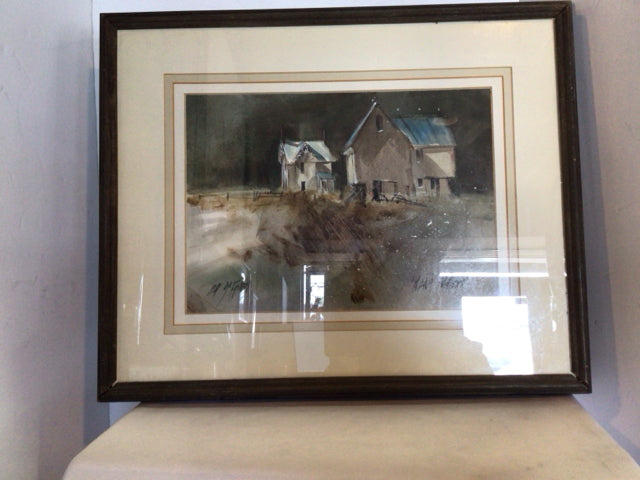 Signed Rustic Brown/Gray House Farm Framed Art