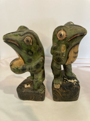 Garden Green Wood Frog Pair Statue