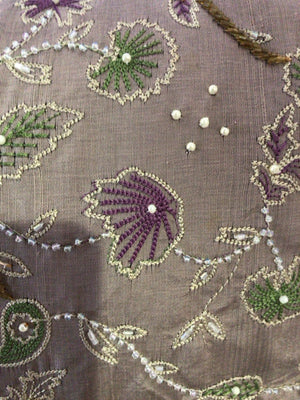 Purple/Green Linen Embroidered Beaded Pillow