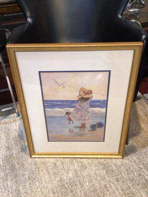 White/Blue Seashore Girl Framed Art