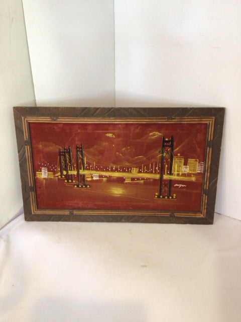 Mid Century Red Velvet Bridge Framed Art