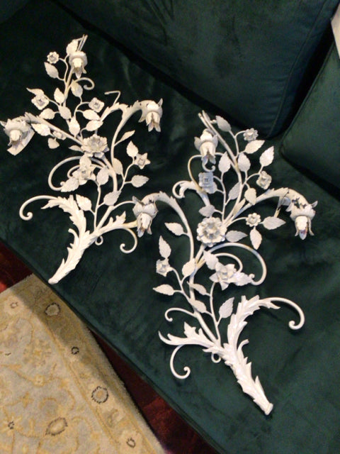Pair White Metal Floral Sconce