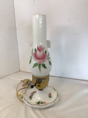 Vintage White/Pink Glass Roses Hurricane Lamp