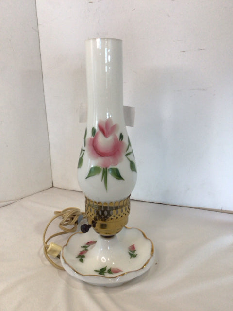 Vintage White/Pink Glass Roses Hurricane Lamp