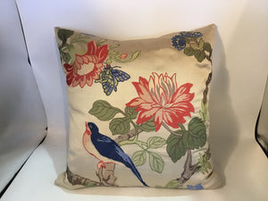 Down Beige/Orange Silk Flowers Birds Pillow