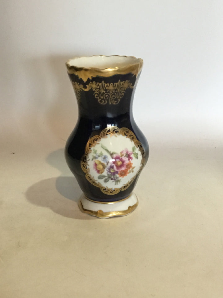 Vintage German Black/Gold Ceramic Floral Vase