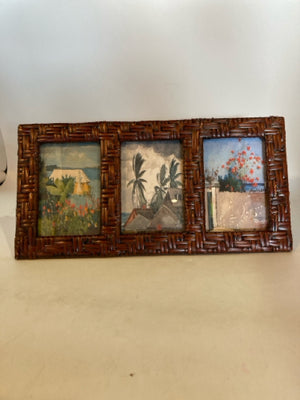 3 Panels Brown Wicker Tropical Frame