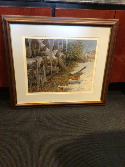Signed Print Green/Brown Wood Bird Framed Art