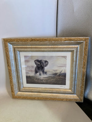 Signed Cream/Gray Africa Elephant Framed Art