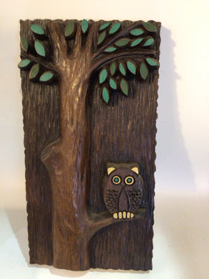 Mid-Century Wood Owl Tree Brown Wall Decoration