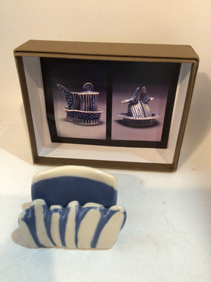 Hand Crafted Blue/White Ceramic Card Holder Scalloped Misc