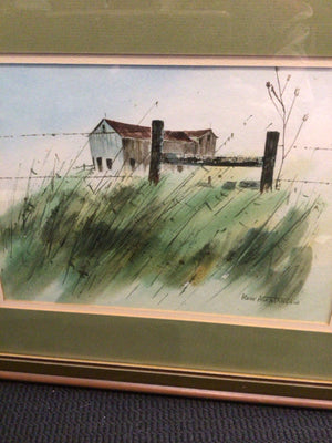 Signed Green/Brown Barn Field Framed Art