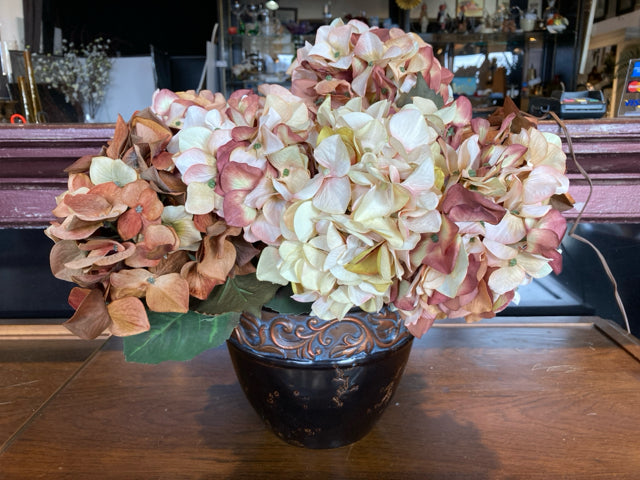 Potted Cream/Brown Hydrangea Faux Flowers