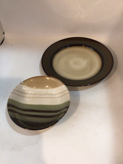 Home Trends Bowl Cream/Black Ceramic 2 Piece Stripe Dish