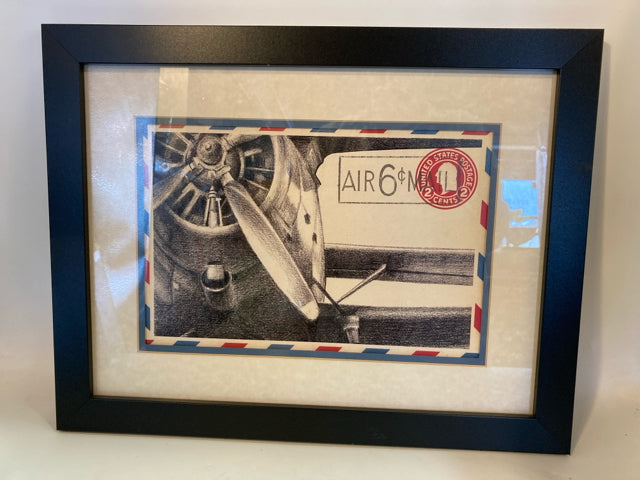 Cream/Black Airplane Stamp Framed Art