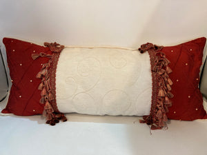 Lumbar Ivory/Red Polyester Tassels Beaded Pillow