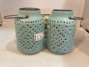 Pair Aqua Ceramic Punched Lantern