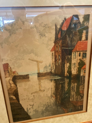 Signed Multi-Color Town Canal Framed Art