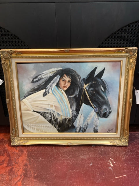 Signed Oil Black Woman Horse Framed Art