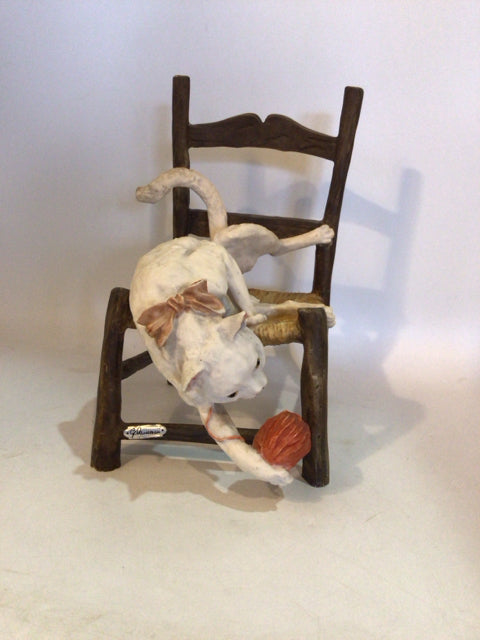 Handmade White/Brown Ceramic Cat Chair Figurine