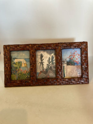 3 Panels Brown Wicker Tropical Frame