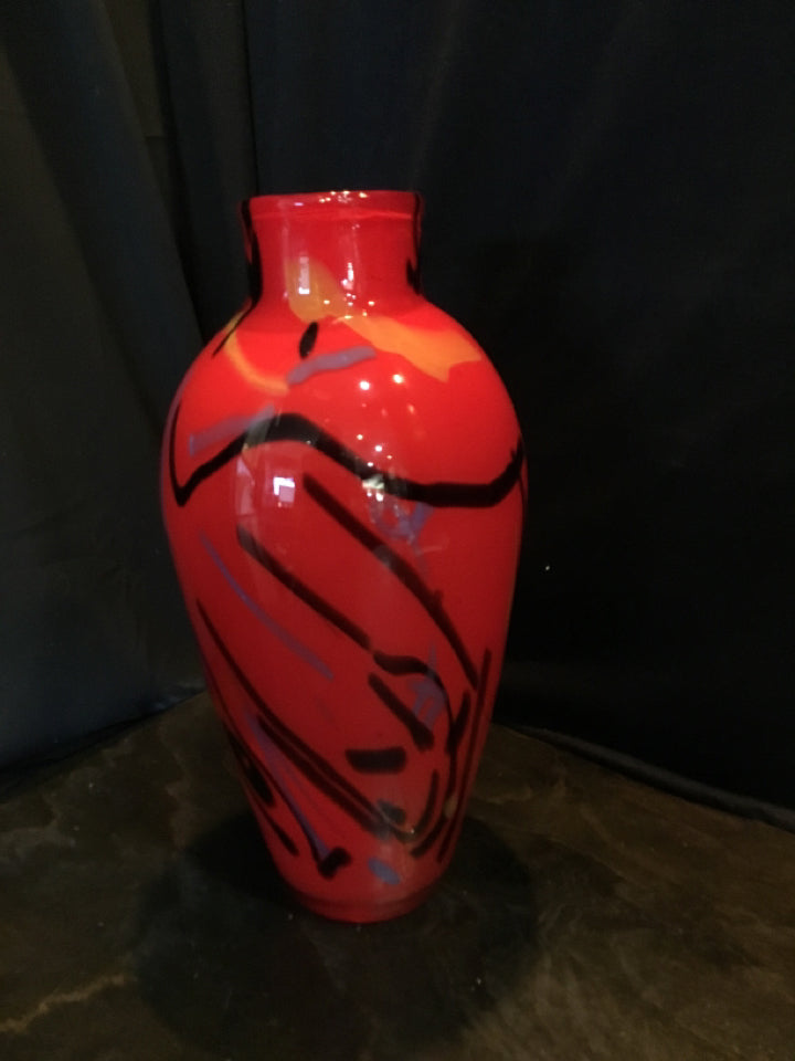 Mid Century Hand Blown Red/Black Abstract Vase