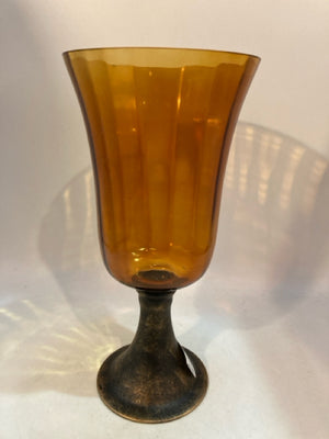 Footed Amber Glass & Metal Vase