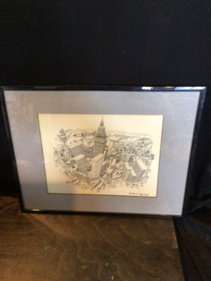 Original Framed Black/White Drawing Cityscape Matted Print