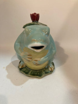 Henrikson Majolica Green Ceramic Frog Tea Pot
