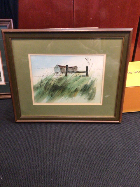 Signed Green/Brown Barn Field Framed Art
