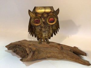 Mid Century Brass/Wood Owl Branch Sculpture