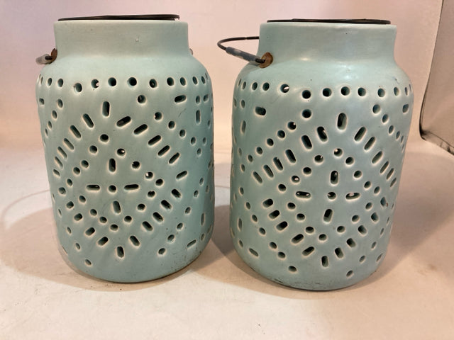 Pair Aqua Ceramic Punched Lantern