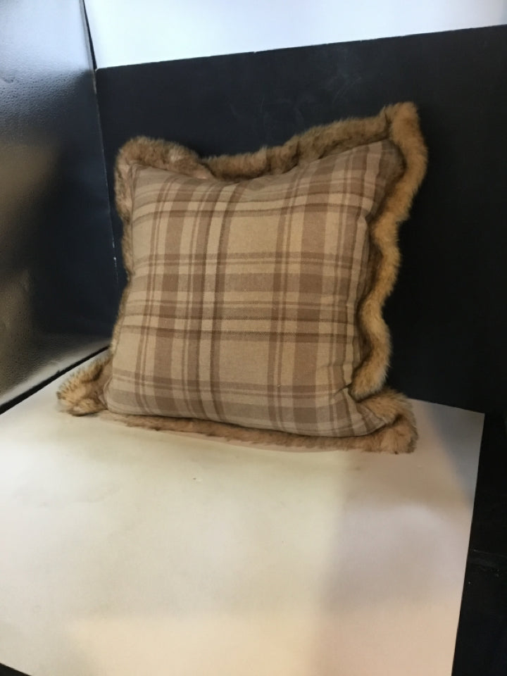 Newport Brown Feather Faux Fur Plaid Pillow