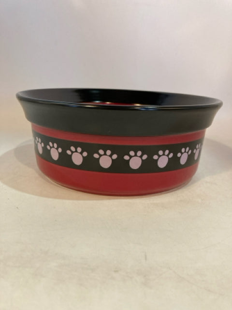 Large Red & Black Ceramic Paw Prints Pet Dish