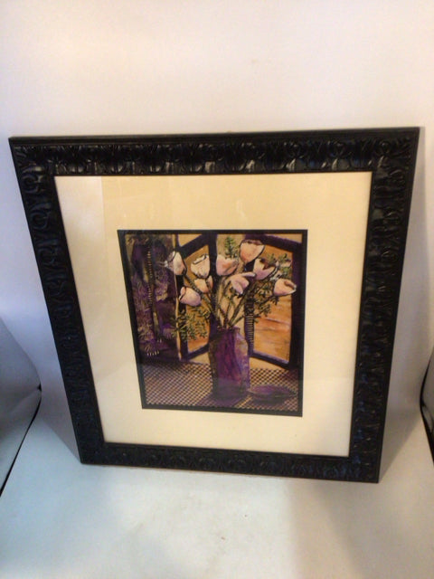 Cream/Purple Flowers In Vase Framed Art