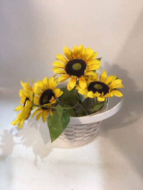 Basket White/Yellow Wicker Sunflowers Faux Flowers