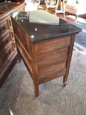Vintage Brown Wood Glass Top On Casters Cabinet