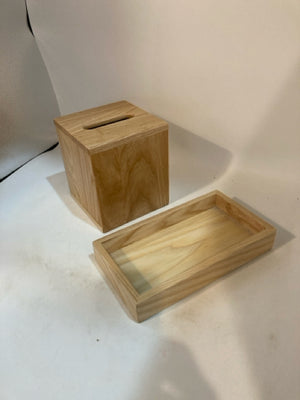 Tan Wood Tissue Holder Tray Bathroom set