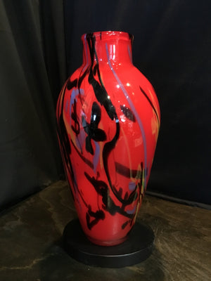 Mid Century Hand Blown Red/Black Abstract Vase