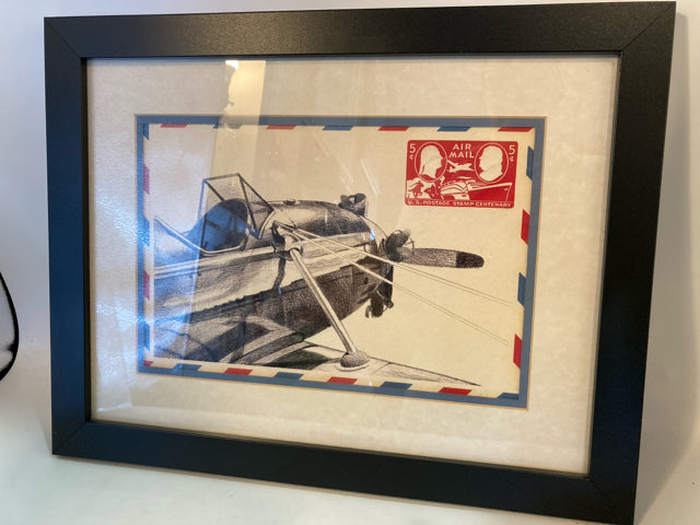 Cream/Black Airplane Stamp Framed Art