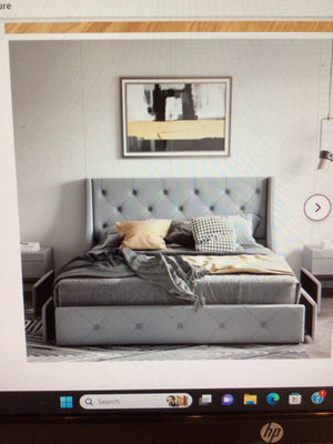 Full Upholstered 4 Drawer WingBack Gray Bed