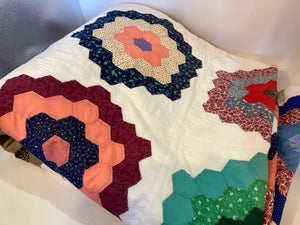 Handmade Multi-Color Cotton Hexagon Flowers Quilt