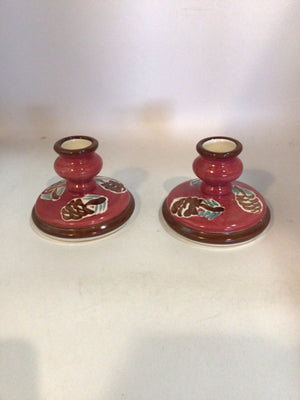 Pair Red/Green Pottery Pine Cone Candle Holders