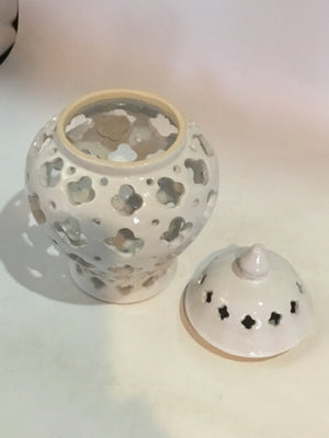 Lidded White Ceramic Cut Out Jar