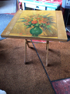 Vintage Decoupage Flip Top As Is Pecan Table