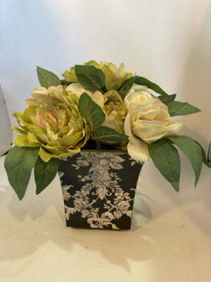 Potted Cream/Black Faux Flowers