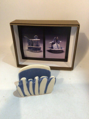 Hand Crafted Blue/White Ceramic Card Holder Scalloped Misc