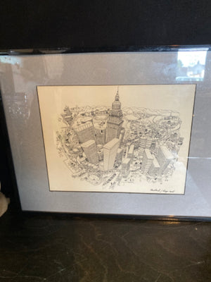 Original Framed Black/White Drawing Cityscape Matted Print