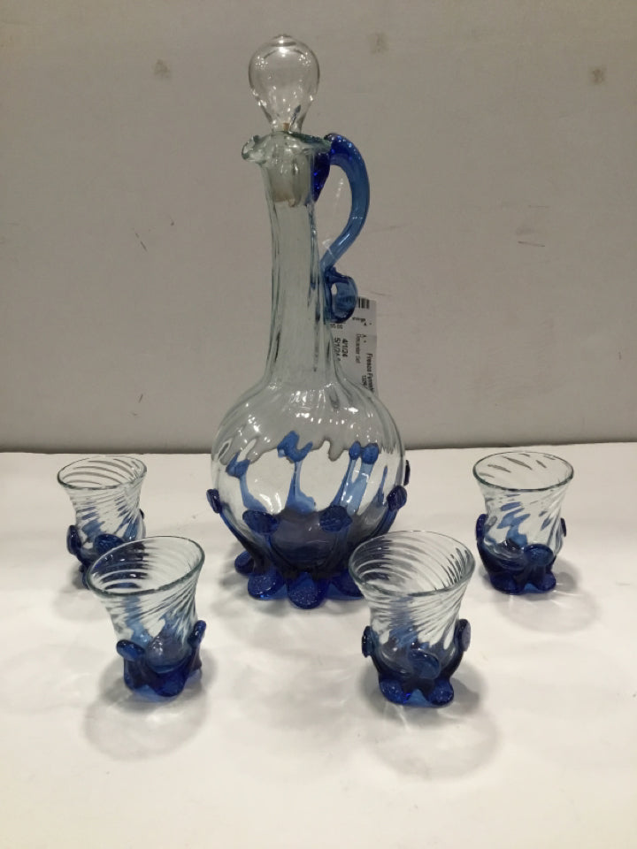 Murano Vintage Clear/Blue Glass 4 Glasses Decanter Set