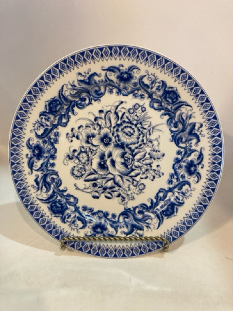 Plate Blue/White Porcelain Flowers Diamond Decoration
